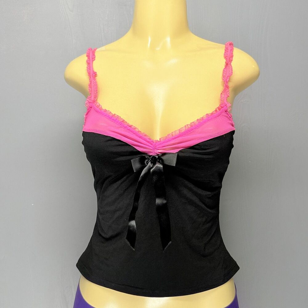 Bubblegum Pink Faris Crop Cami Top L Black Silky Bow Adjustable Ruffle Strap Y2K